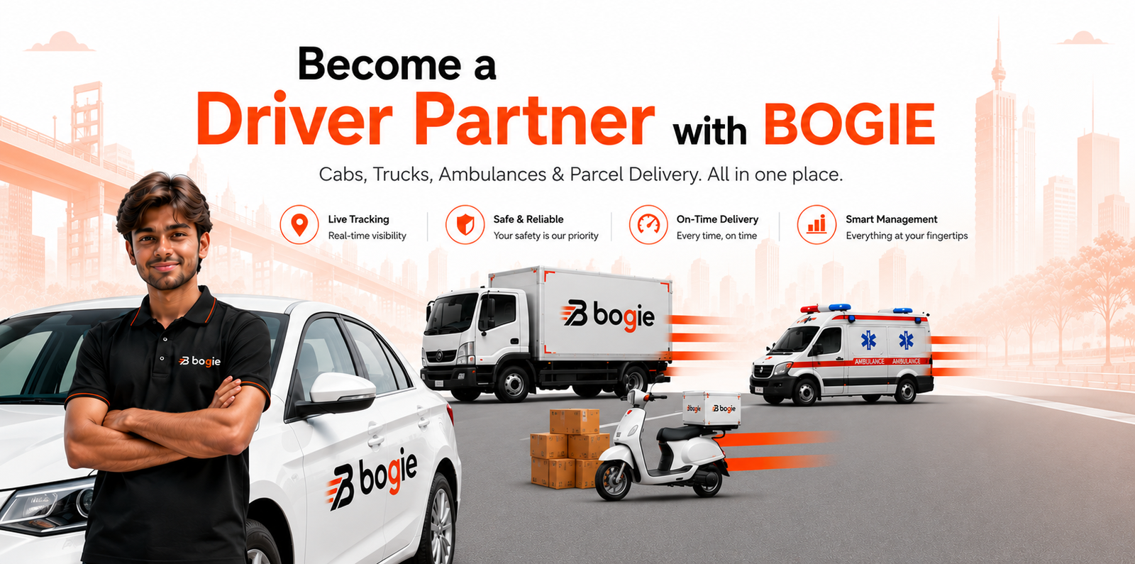 Bogie mobility and logistics platform showing branded cab, truck, ambulance, and scooter parcel delivery vehicles